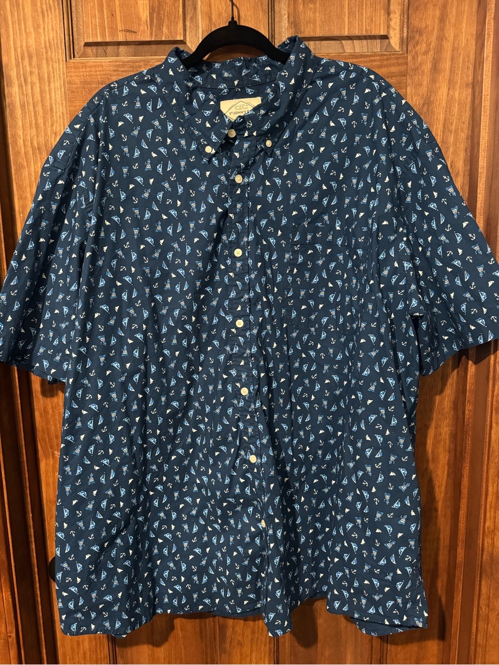 St. John's Bay Navy Button-Down Shirt with Light Blue Sailboat Print